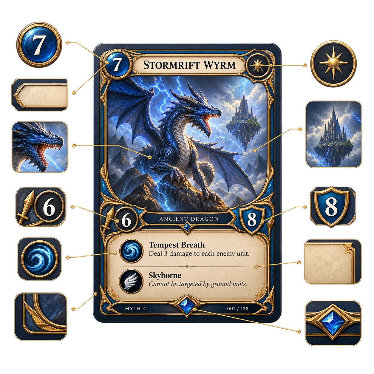Complete custom trading card showing its frame, art window, title, stats, and footer