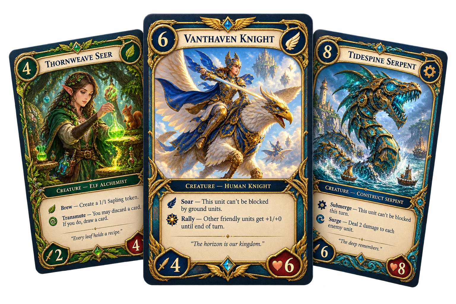 Three coordinated trading card fronts with matching frames, titles, abilities, and stats