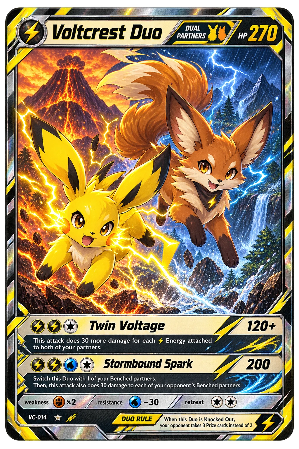 AI-generated Pokemon-style dual-partner card with black-silver frame, yellow accents, and 270 HP