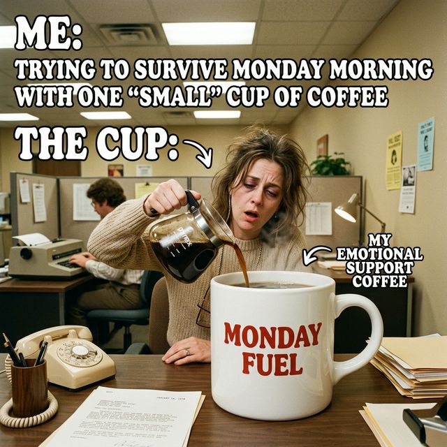 AI meme showing an office worker pouring coffee into a giant mug